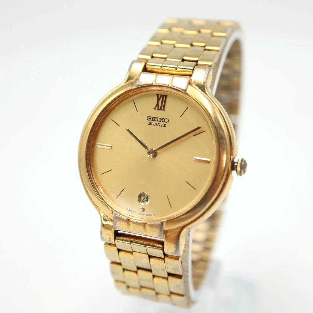 Vintage Seiko Gold Tone Watch Unisex 32mm Date Dial 7N29-6090 w New Battery